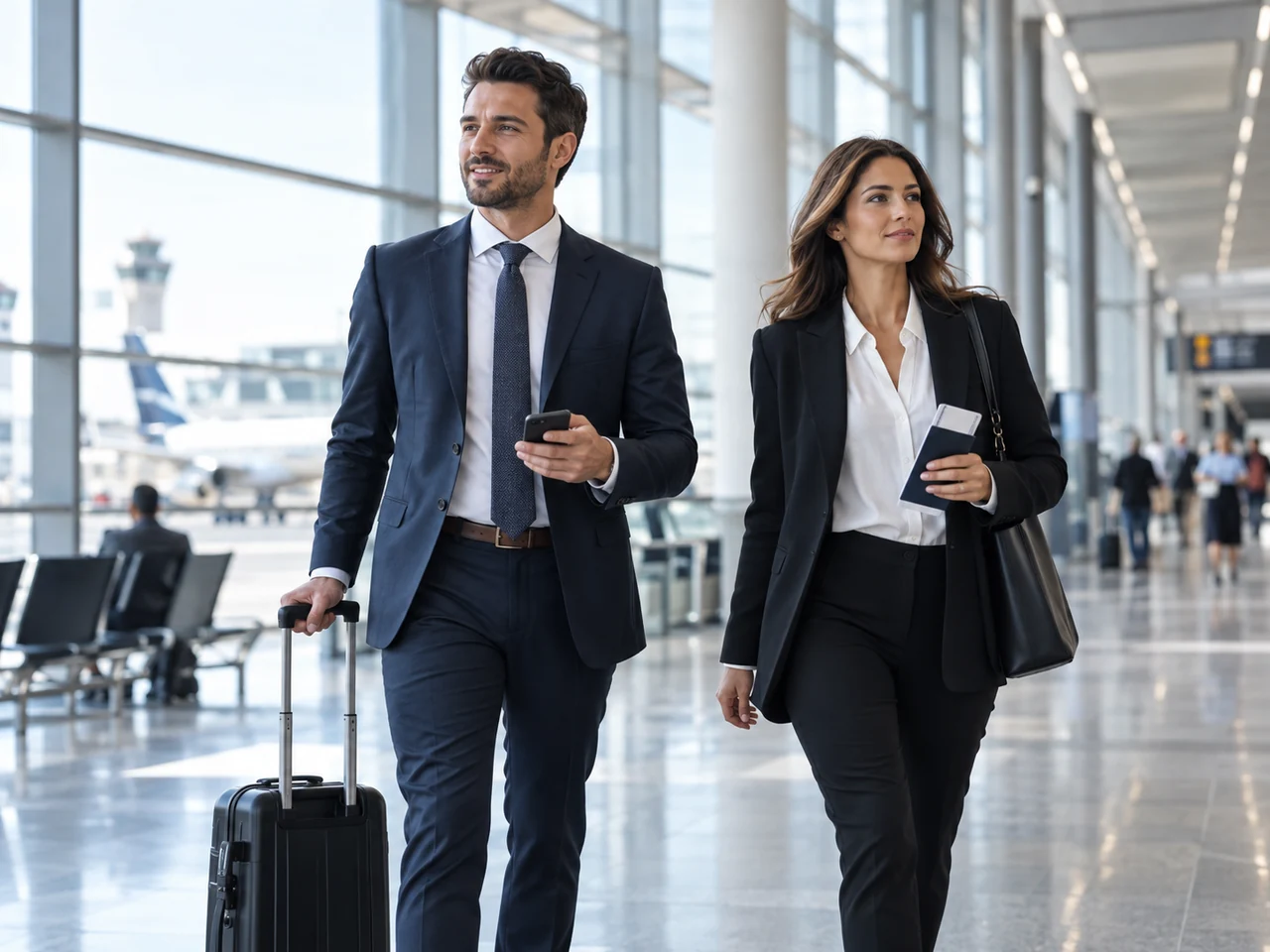 Dois profissionais com bagagem e documentos de viagem em um terminal de aeroporto.