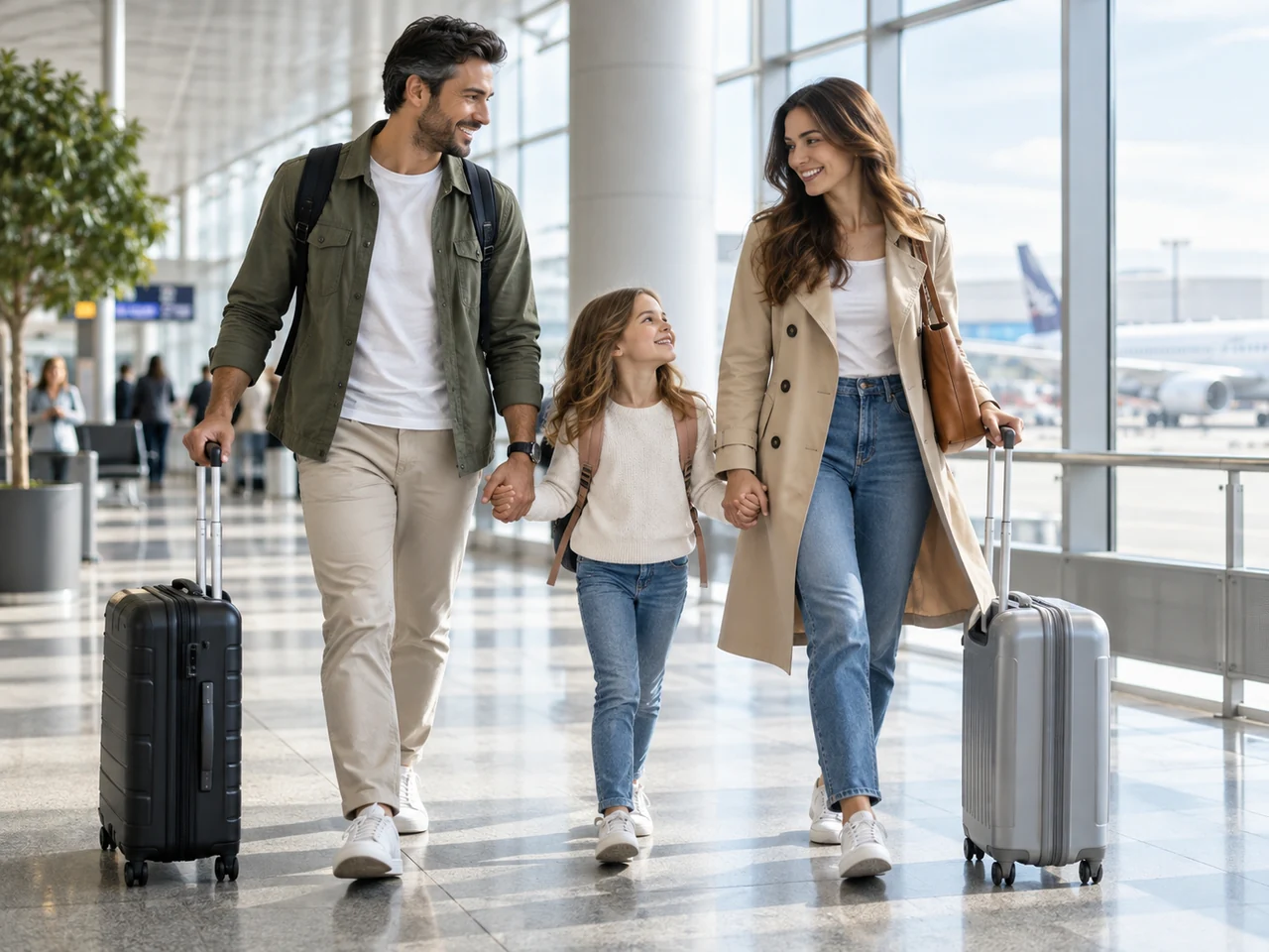 Dois adultos e uma criança de mãos dadas, com malas, caminhando pelo aeroporto.